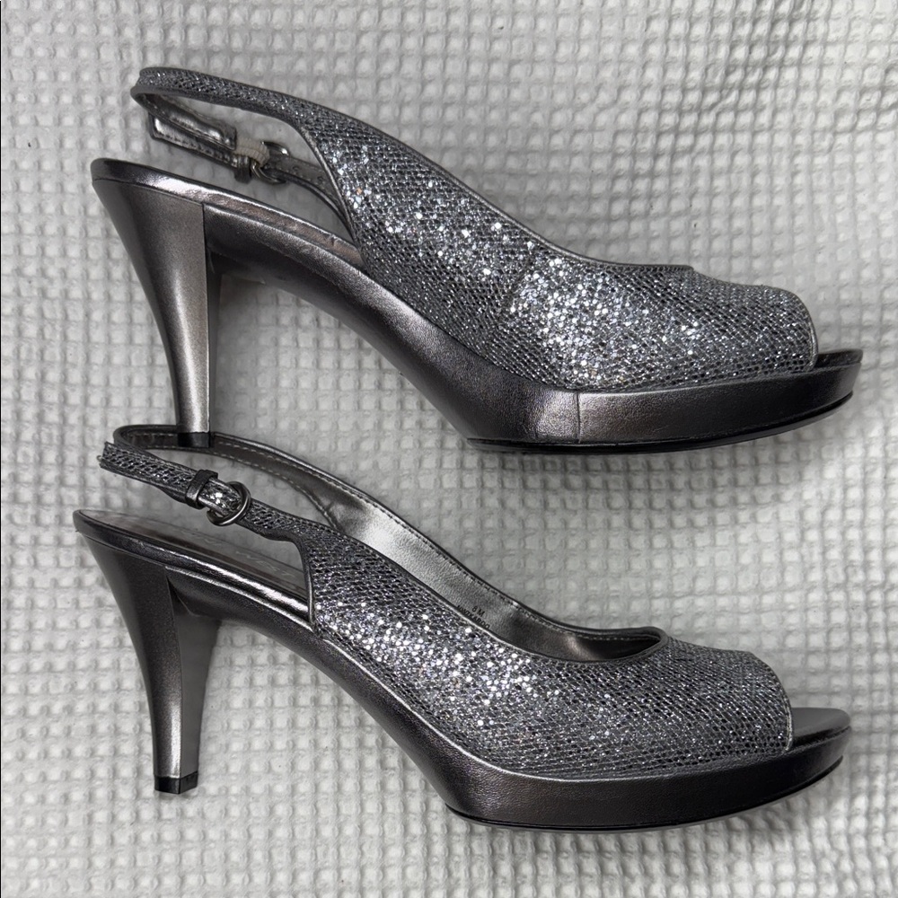Nine West Glittering Silver Slingback Heels - Size 8